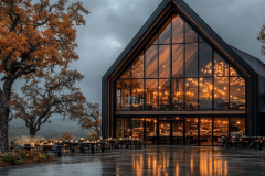 Modern glass-front barndominium with warm interior lighting and a scenic outdoor dining area.