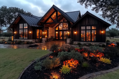 Stunning modern barndominium with warm lighting and vibrant landscaping.