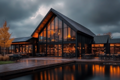 Modern black barndominium with stunning glass facade reflecting on a serene pond.
