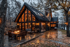 Modern A-frame cabin with warm interior lighting and a cozy outdoor firepit.