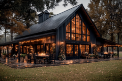 Elegant black barndominium with floor-to-ceiling windows and festive lighting.