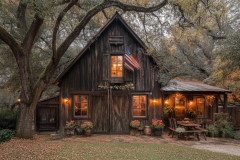 Charming rustic cabin-style barndominium nestled under mature oak trees with warm lighting and vintage decor.