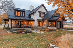 Charming countryside barndominium with warm lighting, black metal roofing, and beautiful autumn foliage.