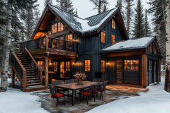 A modern black barndominium nestled in a snowy forest, featuring warm interior lighting, a spacious balcony, and an inviting outdoor dining area.
