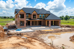 A stunning two-story home under construction, featuring a brick exterior, dark roof, and large covered patio, set against a scenic rural backdrop.
