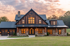 A breathtaking modern rustic barndominium with warm wood accents, a black metal roof, and glowing interior lights at sunset.