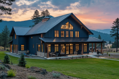 A stunning modern barndominium with a deep blue exterior, expansive windows, and a covered patio, set against a breathtaking mountain sunset.