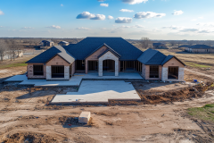 A stunning barndominium under construction, featuring a grand entrance, black metal roofing, and spacious open areas for a modern countryside lifestyle.