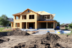 Two-story barndominium under construction, showcasing a wood-framed structure with an open-concept design.