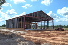 Steel-frame barndominium in early construction stages, set against a bright blue sky.