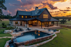 Rustic barndominium with a pool, glowing at sunset in a serene countryside setting.