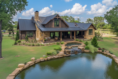 Stunning rustic barndominium with a black metal roof, stone accents, and a serene private pond.