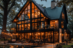 Luxurious black barndominium with expansive glass windows, warm ambient lighting, and a stylish outdoor living space.