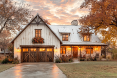 Elegant white barndominium with rustic wooden accents, warm exterior lighting, and beautiful autumn landscaping.