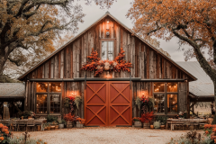 Rustic barndominium with weathered wood siding, bold red barn doors, warm lighting, and festive autumn decor.