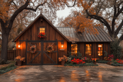 Charming rustic barndominium with warm wooden exteriors, festive wreaths, and cozy ambient lighting nestled among autumn trees.