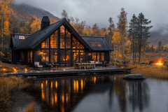 Luxury black barndominium with floor-to-ceiling windows, beautifully reflecting on a tranquil lakeside in a misty autumn setting.