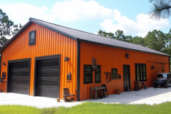 Bold orange barndominium with black garage doors and rustic outdoor decor, set against a green landscape.