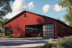 Modern red barndominium with large sliding glass doors, an open garage, and a spacious interior for vehicle storage and workspace.