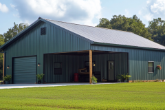 Modern green barndominium exterior with a metal roof, covered porch, and spacious garage, set against a lush green lawn and clear blue sky.