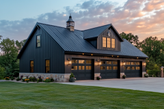 Elegant black barndominium with a metal roof, three garage doors, and warm exterior lighting, set in a beautifully landscaped yard at sunset.