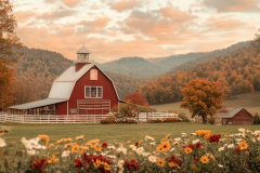 Classic red barndominium exterior with white trim, set in a picturesque valley with autumn foliage and vibrant wildflowers in the foreground.