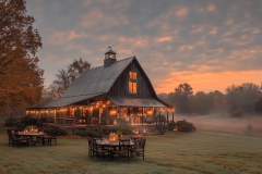 Rustic barndominium exterior with warm string lights, a spacious wraparound porch, and an inviting outdoor dining setup against a misty sunrise.