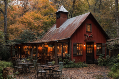 Charming red barndominium exterior with rustic metal roofing, warm string lights, and a cozy outdoor seating area surrounded by lush autumn foliage.