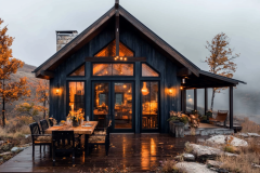 Modern rustic barndominium exterior with large glass windows, warm outdoor lighting, and a cozy wooden deck set against a misty autumn backdrop.