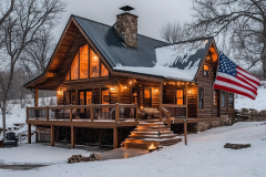 Rustic barndominium exterior with a warm wooden finish, stone chimney, and cozy string lights, nestled in a snowy winter landscape.