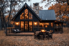 Charming barndominium exterior with a dark rustic finish, stone chimney, and glowing lights, creating a cozy autumn retreat.