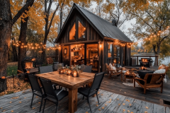 Cozy barndominium exterior with warm string lights, rustic wooden patio, and inviting outdoor seating—perfect for relaxing evenings.