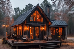A cozy black barndominium with warm glowing lights, nestled in the woods for the perfect rustic retreat.
