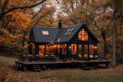 A stunning black barndominium nestled in autumn foliage, blending rustic charm with modern elegance for the perfect seasonal retreat.