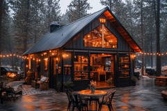 A stunning black barndominium nestled in the woods, illuminated by warm string lights and featuring an inviting outdoor patio.