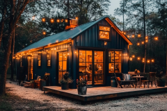 A charming modern farmhouse-style barndominium with black exterior siding, warm glowing lights, and a cozy outdoor patio.