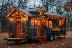 A cozy and rustic barndominium exterior design inspiration featuring warm string lights, a metal roof, and a charming wooden facade—perfect for country living.