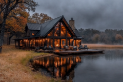 Cozy A-frame cabin by the lake with warm interior lighting reflecting on the water.