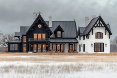 Elegant black-and-white farmhouse in a winter landscape, blending modern and gothic architecture.