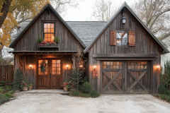 Rustic barn-style home with warm wooden textures, charming shutters, and cozy lighting.