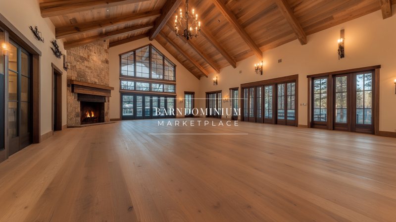 Spacious barndominium great room with vaulted ceilings, exposed wood beams, and a grand fireplace.