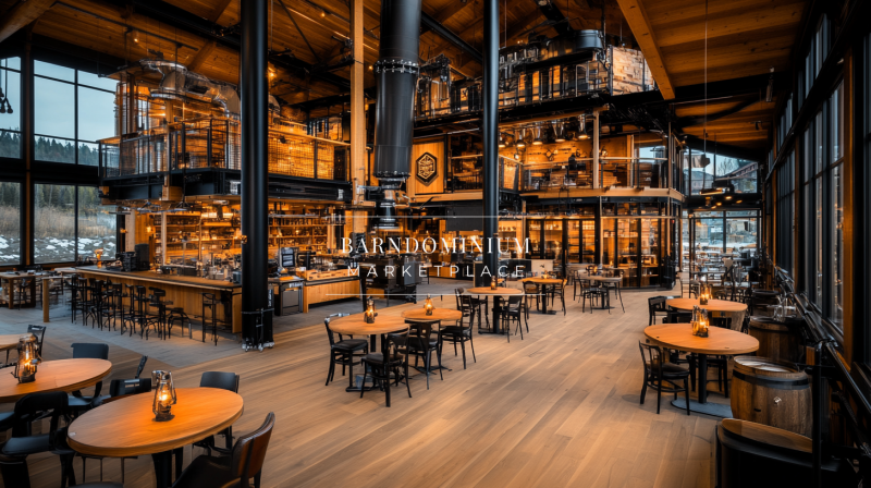 Modern barndominium-inspired restaurant with open-concept design and warm rustic décor.