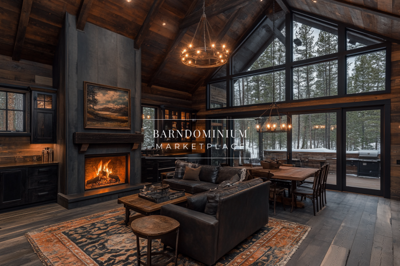 Rustic luxury barndominium with dark wood accents and a cozy fireplace.