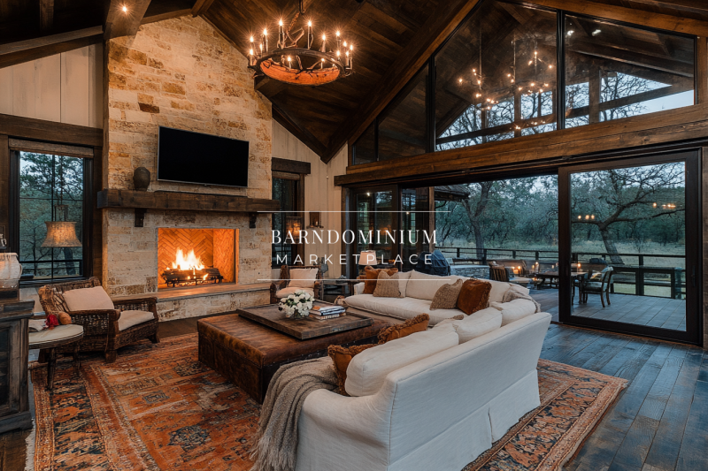 Elegant barndominium living space with a cozy stone fireplace.