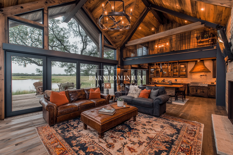 Stunning rustic barndominium with warm, cozy interiors.