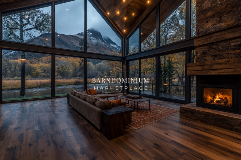 Stunning barndominium living room with panoramic mountain views.