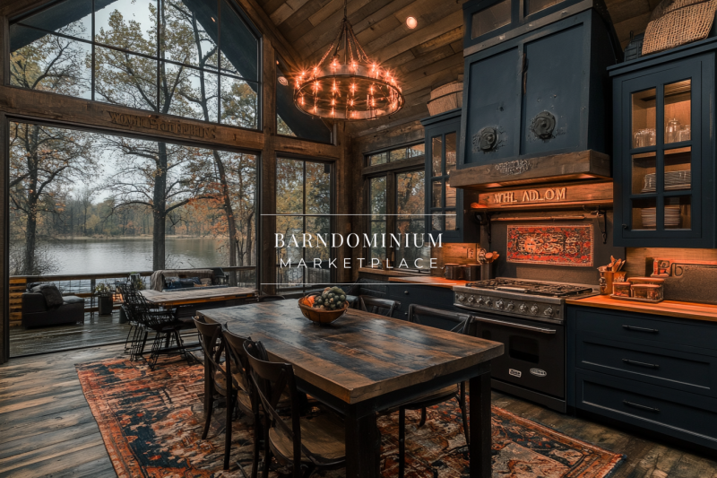 Rustic barndominium kitchen with floor-to-ceiling windows overlooking a serene lake.