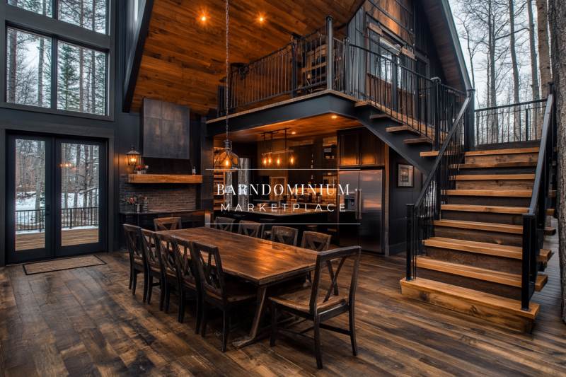 Modern rustic barndominium with an open-concept kitchen, dining, and loft space featuring dark wood accents and industrial lighting.