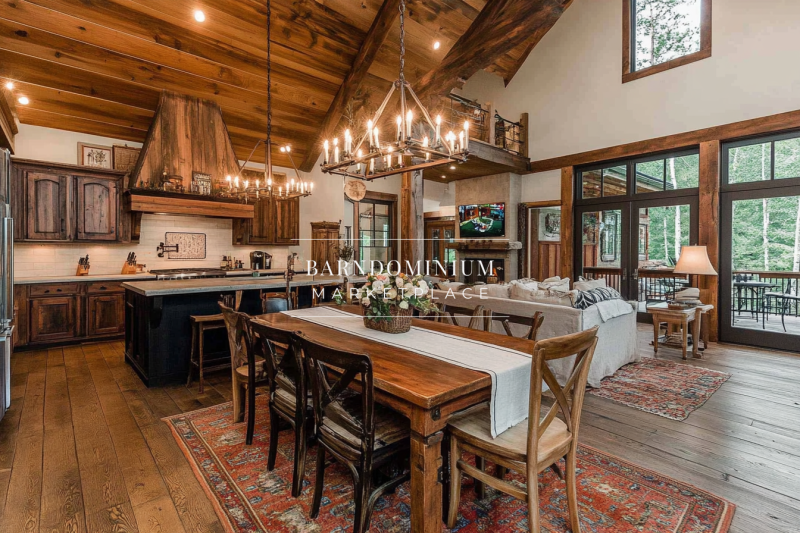 Elegant barndominium interior featuring an open-concept kitchen, rustic wood beams, and a farmhouse-style dining area with warm lighting.