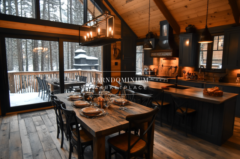Warm and rustic barndominium kitchen and dining space featuring wood accents, industrial lighting, and a cozy winter cabin atmosphere.